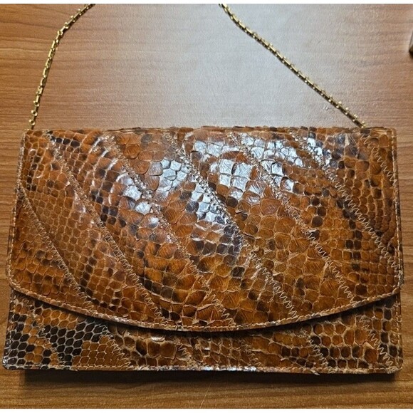 Vintage Tano Genuine Snakeskin Brown Evening Clutch with Chain Bag Made/Spain - Picture 2 of 11